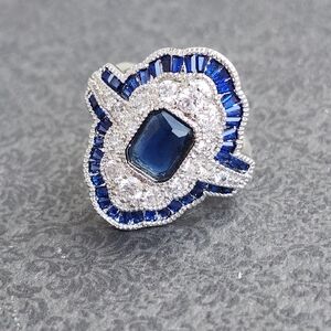 Blue Sapphire Halo Statement Ring Size 7